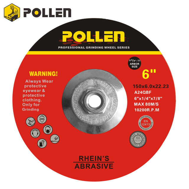 6Inch, Pollen Hubbed Grinding Disc, 5/8"-11 Arbor Hole, 24 Grit,10Pack